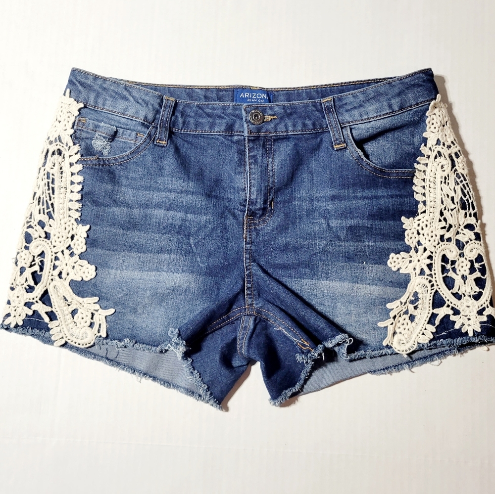 Arizona Jean Co Distressed Shortie Shorts | Lace Detail | Adjustable Straps |